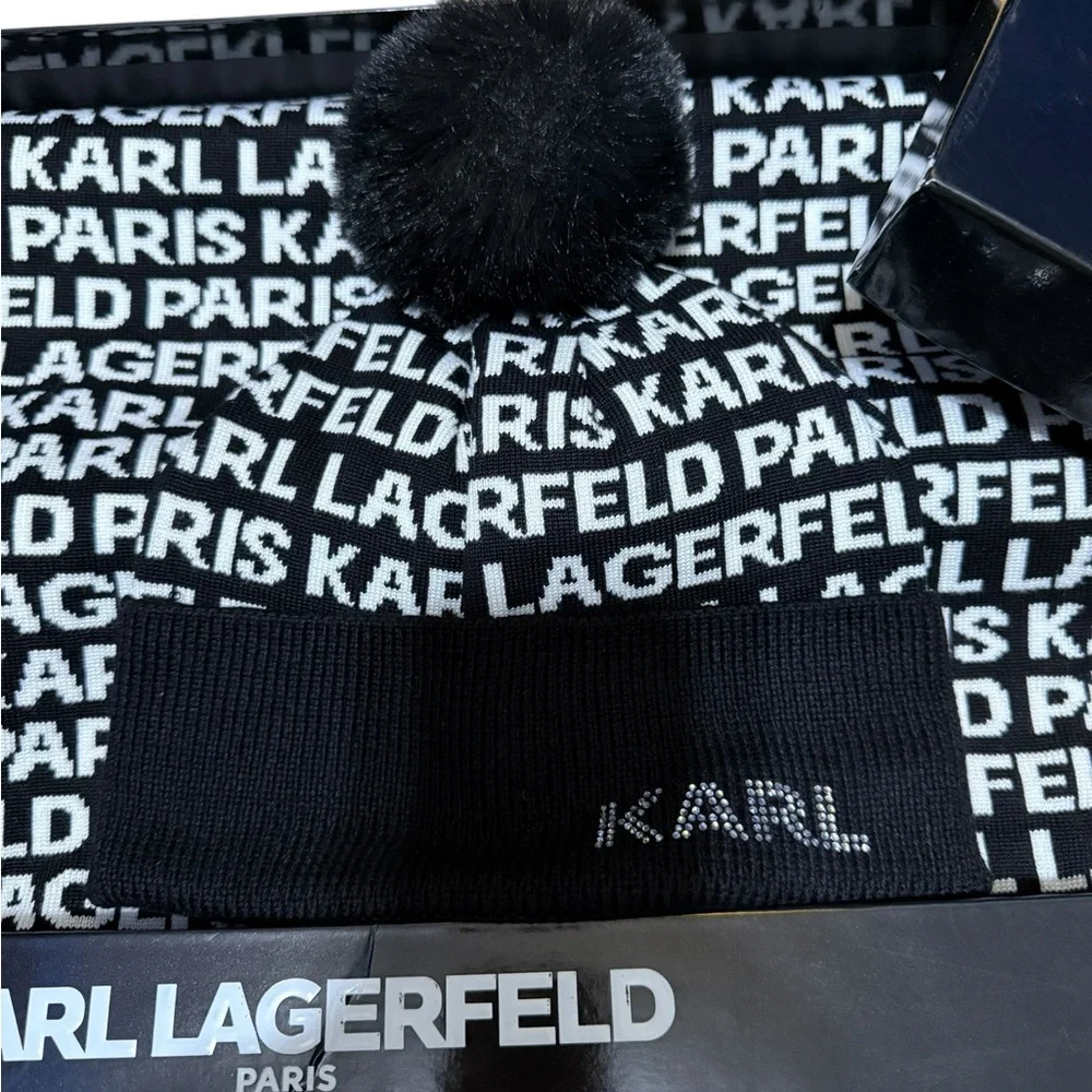 KARL LAGERFELD Women Gift Set Hat, Scarf, Gloves Boxed Beanie Black White NWT